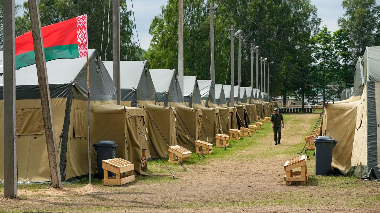 A view of the Belarusian army camp near Tsel village, about 55 miles southeast of Minsk, Belarus, Friday, July 7, 2023.