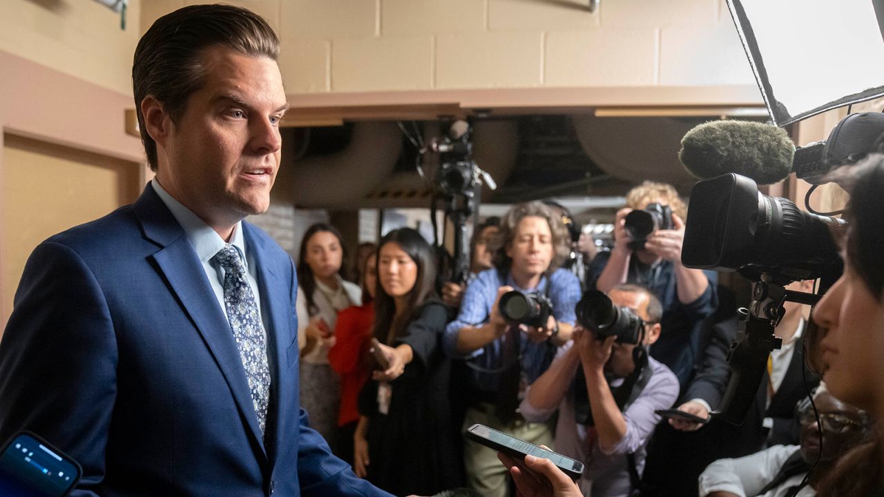 Rep. Matt Gaetz speaks to reporters at the Capitol in Washington on October 3, 2023.